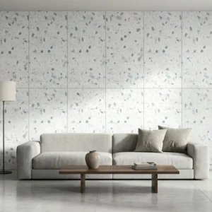 Gạch terrazzo trắng hạt đá xám ốp tường phòng khách phong cách tối giản