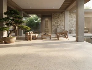 Gạch terrazzo màu kem lát sân và hiên nhà ngoài trời hiện đại