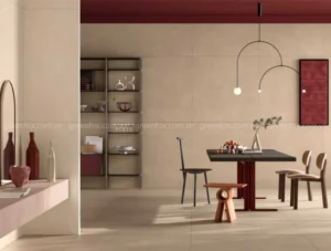 Gạch ốp tường phòng khách màu be vân xi măng khổ lớn kết hợp nội thất hiện đại tông ấm