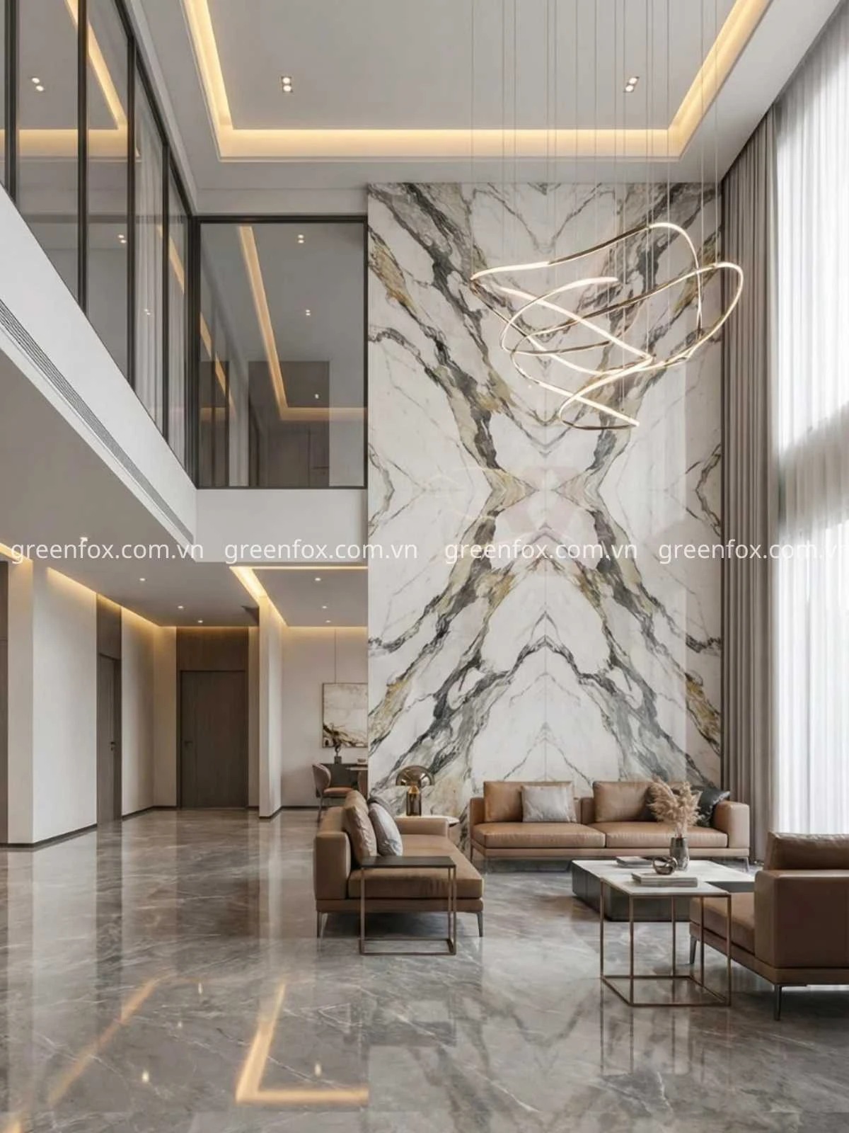 Gạch ốp tường phòng khách vân Marble đối xứng Bookmatch khổ lớn