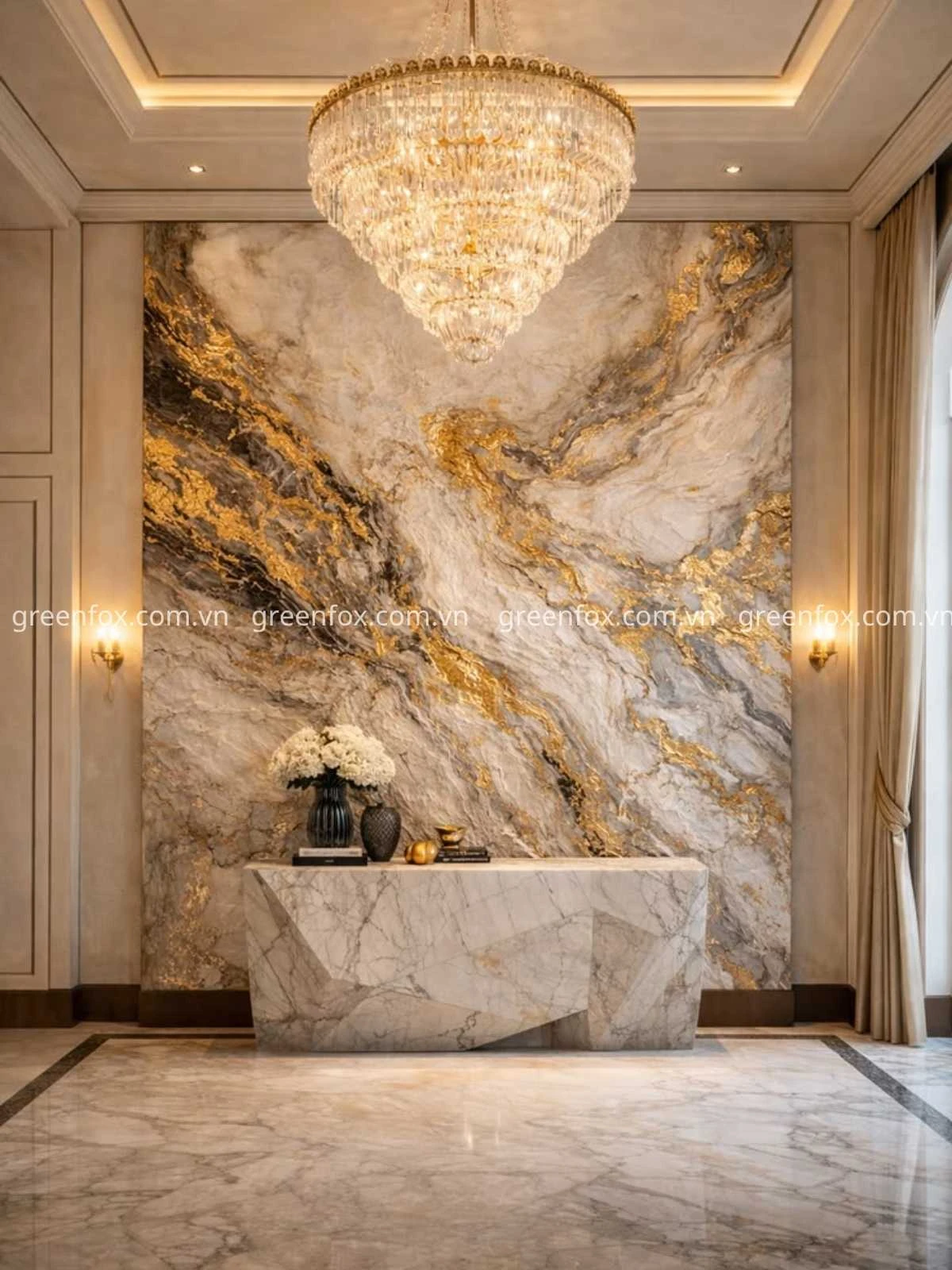 Gạch ốp tường vân Marble trắng xám vân vàng khổ lớn cho sảnh biệt thự sang trọng