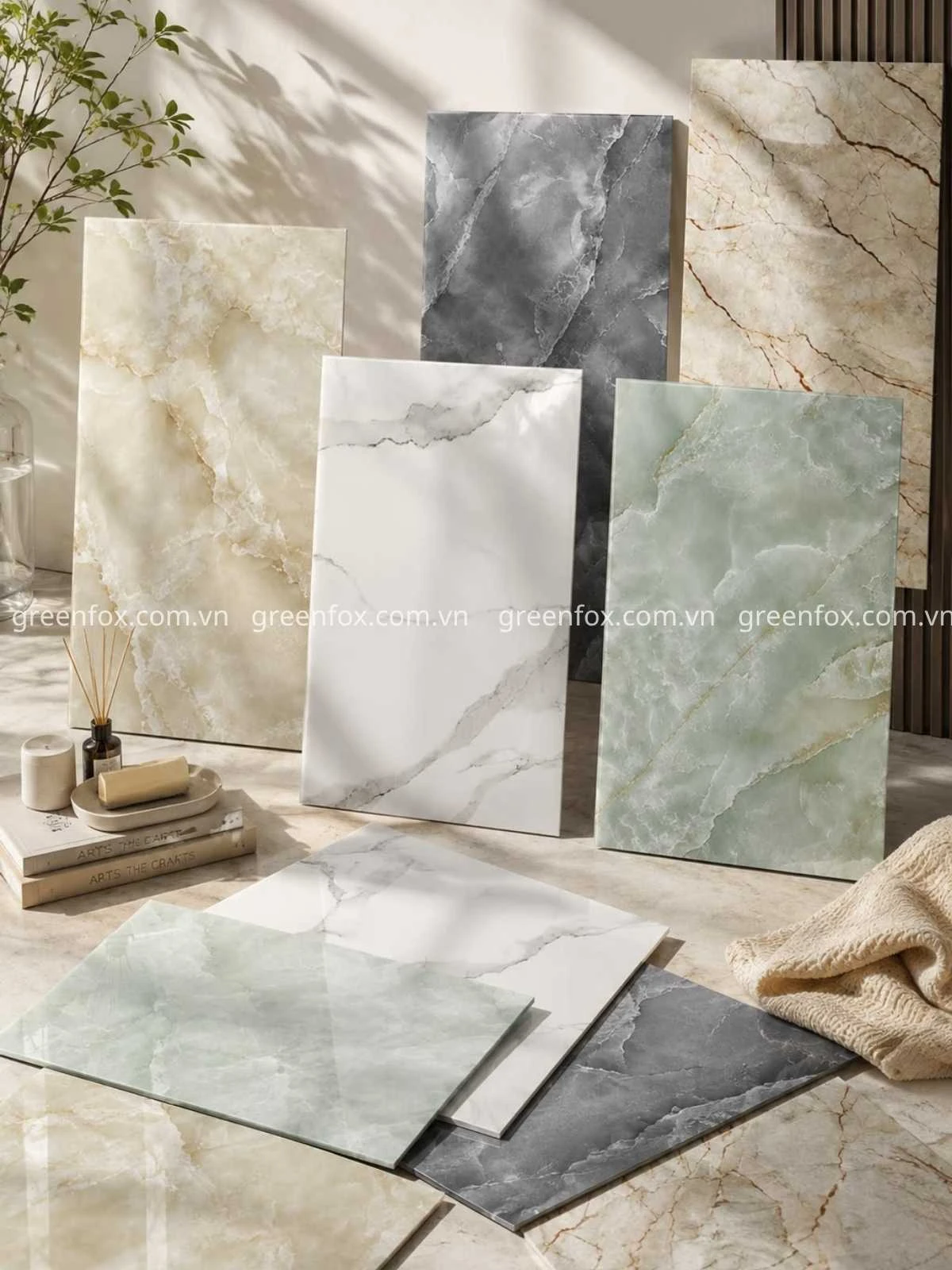 Bộ sưu tập gạch ốp tường vân Marble và vân Onyx khổ lớn với nhiều tông màu trắng, xám, be và xanh ngọc