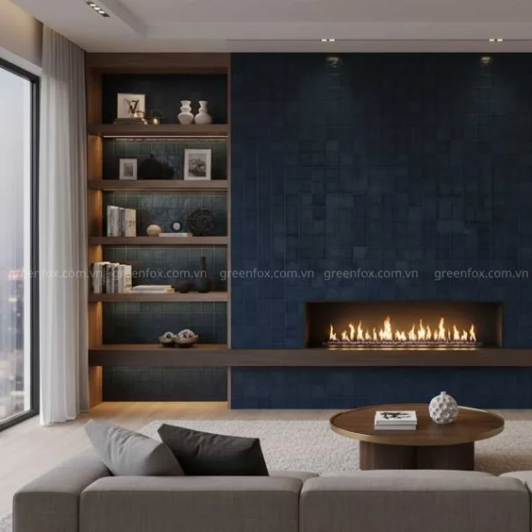 Gạch mosaic vuông màu xanh navy ốp tường phòng khách hiện đại