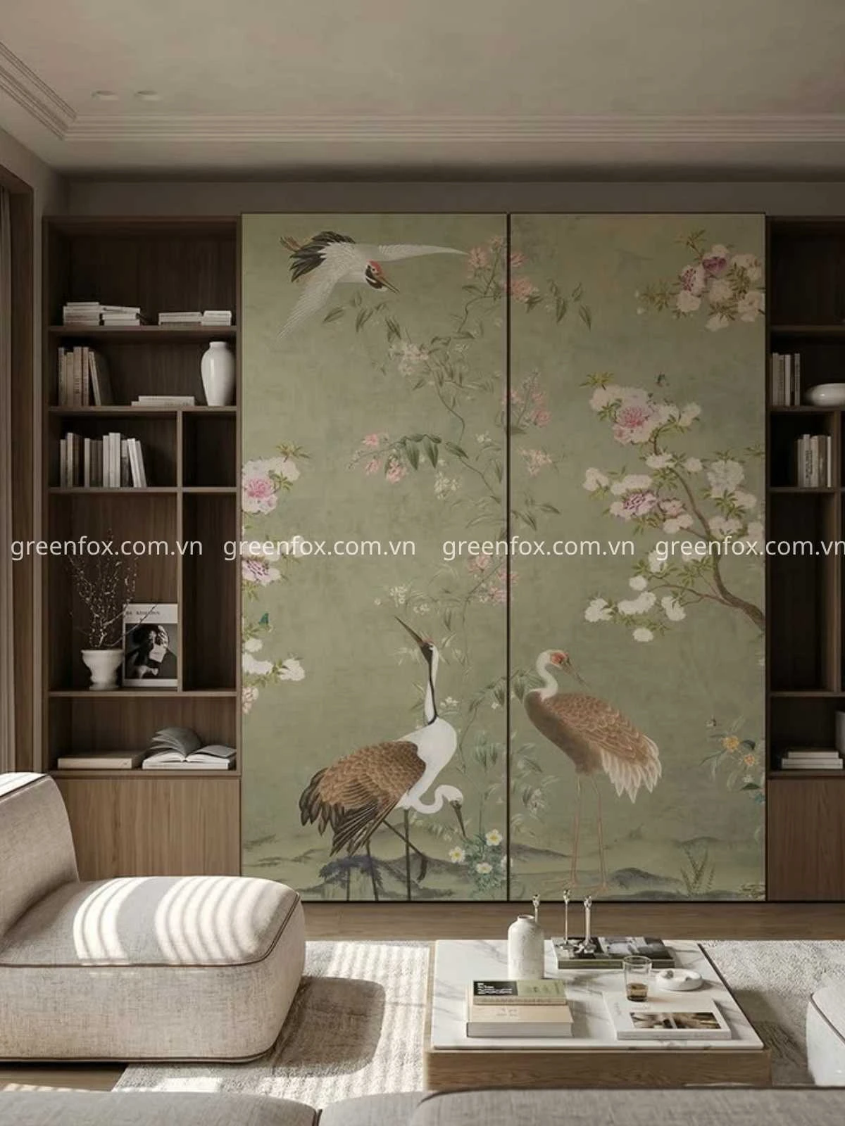Gạch tranh nghệ thuật họa tiết hoa lá ốp tường phòng khách cao cấp