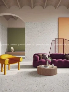 Gạch terrazzo trắng hạt đá nhỏ lát nền phòng khách hiện đại