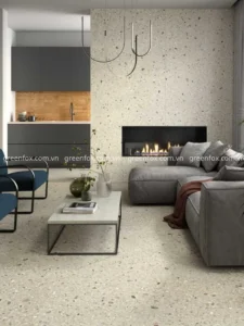 Gạch terrazzo màu kem hạt đá tự nhiên ốp tường phòng khách