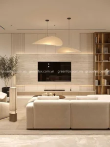 Gạch vân travertine ốp tường phòng khách hiện đại kết hợp kệ tivi