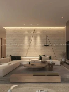 Gạch vân travertine khổ lớn ốp tường phòng khách phong cách hiện đại
