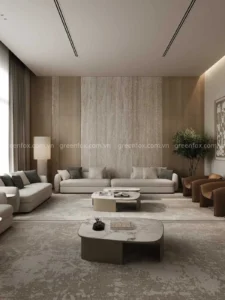 Gạch vân travertine ốp tường phòng khách kết hợp lam gỗ