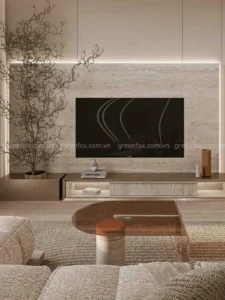 Gạch vân travertine ốp vách tivi phòng khách màu kem