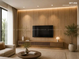 Gạch vân gỗ ốp tường phòng khách làm vách tivi hiện đại