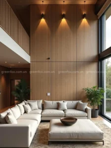 Gạch vân gỗ khổ lớn ốp tường phòng khách thông tầng