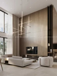 Gạch vân gỗ khổ lớn ốp vách tivi phòng khách hiện đại