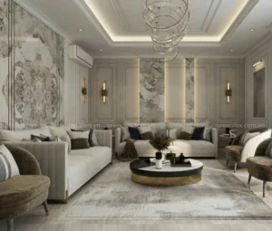 Gạch ốp tường vân đá marble cho phòng khách biệt thự tân cổ điển