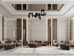 Gạch ốp tường khổ lớn cho sảnh villa hiện đại thông tầng