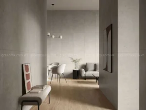 Gạch ốp tường vân xi măng màu xám nhạt kết hợp sàn gỗ phòng khách