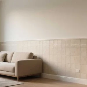 Phòng khách nhà cấp 4 với chân tường ốp gạch màu kem phong cách tối giản