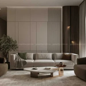 Phòng khách tối giản với tường ốp panel màu be và nội thất tone-sur-tone hiện đại.