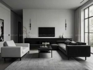 Phòng khách tối giản phối màu đen trắng tương phản với sofa trắng, bàn trà đen và tường sáng.