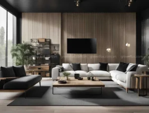 Phòng khách hiện đại phối màu tương phản giữa sofa trắng, tường lam gỗ và trần màu đen.