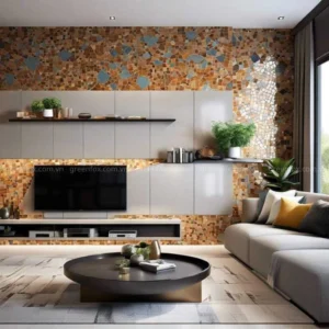 Phòng khách hiện đại với mảng tường ốp gạch mosaic tông nâu vàng, kết hợp kệ TV treo, sofa xám và nội thất tối giản.